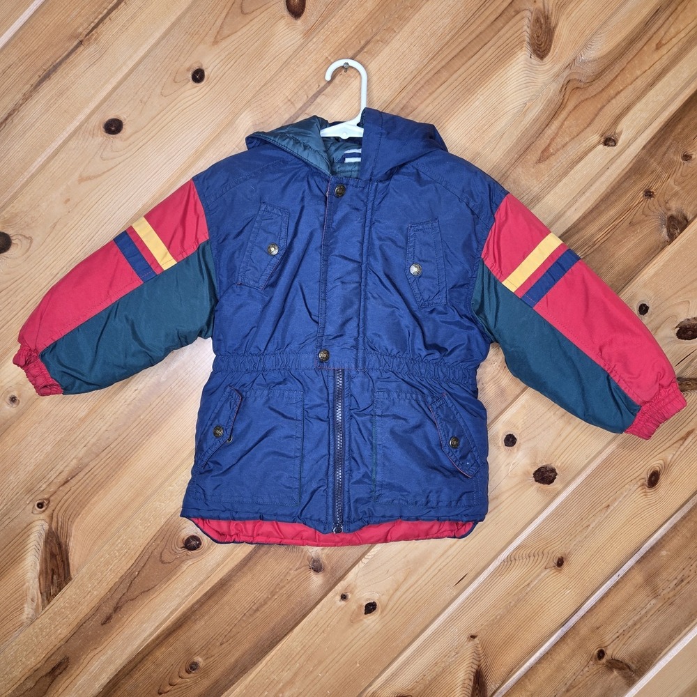 Vtg Youth Color Block Hooded Winter Coat Jacket Sz 5-6 Zip/Snap Red Blue Green